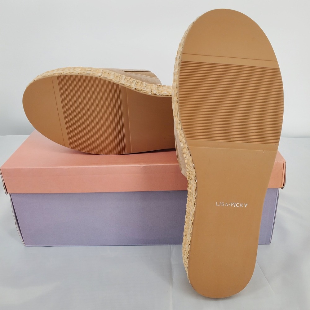Lisa Vicky Tan Suede Platform Slide Sandals Woven Raffia Midsole Womens 8 New - Picture 8 of 10